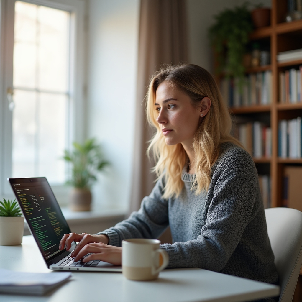Persoană care lucrează independent de acasă, cu laptop și cafea